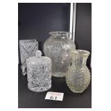 (3) Clear Glass Vases & Jar w/ Lid