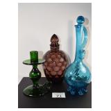 (2) Bottles w/ Stoppers & Large Candlestick