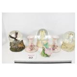 (3) Snow Globes, Bird Figurine & Vases