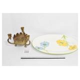Platter & Brass Plated Flower & Candle Holder