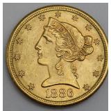 GOLD. 1886 S $5 Gold Liberty Head Coin.