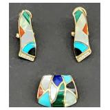 Designer inlaid 14k gold earrings & slide