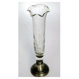Vintage etched glass bud vase Web pewter base