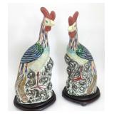 Pair Chinese porcelain roosters on wooden stands