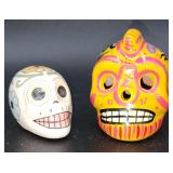 2 hand painted pottery skeleton heads
