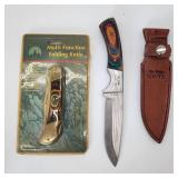 2 wood handle knives 1 folds 1 fixed blade
