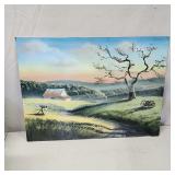 Vintage farm scene painting on board