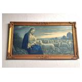 Large Antique print Jesus w lambs