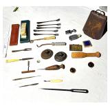 Vintage collectibles w iron paperweights,cowbelll