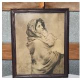 Antique print mother & child signed