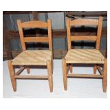 Pair vintage oak short chairs woven seats