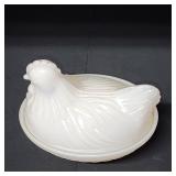Petite milk glass hen on nest