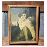 Antique framed print girl w a rabbit