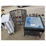fireplace screen, wicker table, shelf
