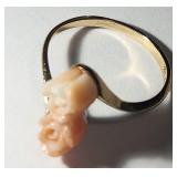14k yg HAND CARVED ROSE CORAL Ring. c.1950.