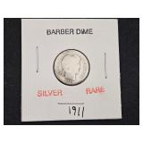 1911 RARE SILVER Barber Dime