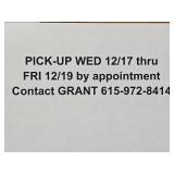 Pick-up We12/17- Fri 12/19 by appt. from 10 to 3