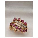 COCKTAIL RING 14k yg 10 Natural Rubies 6 Diamonds