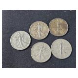 5 SILVER Walking Liberty 1/2 Dollars from 1940