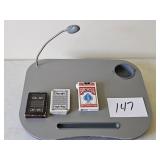lap desk and playing cards