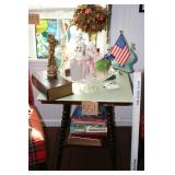 table, Cake platter, figurines & perfume bottles