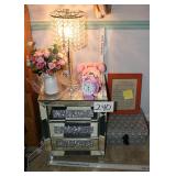 Mirrored nightstand, table lamp, clock, phone ect
