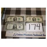 1935D dollar bill, (2) two dollar bills
