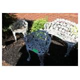 Victorian-style white case iron bench & 2 chairs