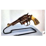 SMITH AND WESSON REVOLVER - 38 S&W SPECIAL (POSSIBLY FIRST MODEL) - 4“ BBL – NICKEL FINISH - STAG STYLE GRIPS – FRAME BARREL AND FLUTED CYLINDER SHOWS CARRY AND USE WEAR WITH MINOR RUBS – S/N 