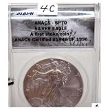 2020 SILVER EAGLE S$1 COIN - A FIRST STRIKE COIN* ANACS CERTIFIED #1946 OF 1996 - 1 OZ. FINE SILVER ROUND - (ANACS-SP70)