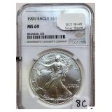 1999 EAGLE S$1 COIN -1 OZ. FINE SILVER - (NGC MS 69)