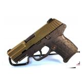 KEL-TEC PF-9 PISTOL – 9MM- SEMI-AUTO - GREEN OVER BLACK – EXCELLENT CONDITION – MINOR HOLSTER BLUE WEAR ON MUZZLE – S/N S1156