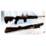 RUGER MINI 14 RIFLE - .223 CAL - TACTICAL STYLE WITH HAND GRIP - ADJUSTIBLE STOCK - SYNTHETIC - SCOPE RINGS - STAINLESS RECEIVER & BARREL - EXTRA RIFLE STOCK & FOREARM - RECEIVER & BARREL SHOWS SOME C