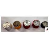 (5) LIBERTY WALKING SILVER HALF DOLLAR COINS - (2) 1941 NO MINT MARKS, 1942 NO MINT MARK, 1943 NO MINT MARK, 1944 NO MINT MARK