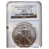 2008 W EAGLE S$1 COIN - BURNISHED SILVER EAGLE - 1 OZ. FINE SILVER - (NGC MS 70)