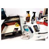 AUTOMOTIVE SUPPLIES- WET TIRE SHINE- MINI BROOM- LUG NUTS- CAULKING GUN WITH CAULK- POLISH CLEANER- ABSORBER AUTO DETAILS RAGS- (2) MINIATURE RADIOS
