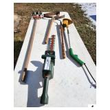 FLOWERBED RAKE- QUILL TOOL- ELECTRIC WEEDEATER- BLACK & DECKER 18" HEDGE TRIMMERS- NO BATTERY- 18V- SNOW SHOVEL -PLASTIC RAKE- SHOP BROOM