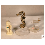 DEPT 56 SNOWBABY FIGURINE, "A GIFT FOR YOU"- BLOWN GLSS SEAHORSE FIGURINE W/ AMBER, GREEN, & CLEAR SWIRLED- MINI CRYSTAL DOVE PERCHED ON A WATER WELL FIGURINE-
