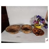 VINTAGE ROUND BOWLS WITH GLASS RIMS- WOOD FRUIT BOWL- FLOWER BASKET-