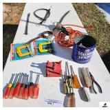 (7) NUT DRIVERS - SCREWDRIVERS - PLIERS - SPARE TIRE TAILER HITCH - (2) 3 WAY CLAMPS - DROP CORD - OIL WRENCH STRAPS - ETC.