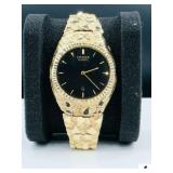 CITIZEN QUART WATCH- BASE METAL YP- 310094A- GOLD TONE- NUGGET STYLE BAND- BLACK WATCH FACE-