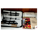 OLD CHARTER BOUBON GRILL SET - SKEWERS - TURNER - FORKS - TONGS  - BRUSH - HOT HANDS GLOVES - 2 PC.BRUSH  SET NEW IN BAG - COOKING GLOVES
