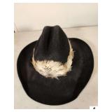VINTAGE STETSON WESTERN COWBOY HAT- PREMIUM WOOL SIZE 7-1/4" - BLACK-  WITH FEATHER BAND_x000d_
_x000d_
HALL CLOSET