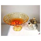 AMBERINA PEDESTAL BOWL W/INSCRIBED BOTTOM - OIL LAMP BASE W/SMALL RAISED DOTS