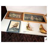 FRAMED SHIP PAINTING- ORIENTAL PRINT IN WOOD FRAME- (2) BRASS & COPPER DECORATIVE WALL SHIPS