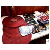 RED PLACE MATS - PAINTED TRIVETS -  POT HOLDERS - CLOTHS  - BAG HOLDER