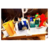 ASSORTMENT OF CLEANING SUPPLIES- DAWN, LYSOL, RESOLVE, FEBREEZE, OVEN CLEANER, FURNITURE POLISH, UPHOLSTRY CLEANER, SPONGES, RUBBER GLOVES, SHOP TOWELS, & MISC