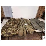 CARHART CAMO OVERALLS w/SHELL LOOPS - (L) ARMY JACKET (REG. MED.) 37-41" CHEST - SHOWS WEAR, WRITTEN ON, SMALL ARM TEAR  - BLUESTONE XXL GREEN VEST . (CLOSET)