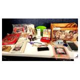 WOOD AMMUNITION TYPE BOX WITH ROPE HANDLE & - COKE COLA DECALS -  PHOTO BANK -  MAKEUP CASE - GLASSES - PLASTIC SHOE WITH PENCILS - LITTLE SPEAKER  - PHOTO TRIMMER - PERFUME - FELTWORK KIT - COLOGNE -