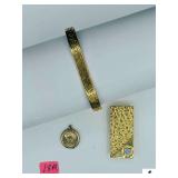 LIND 14K GE GOLD MONEY CLIP W/ WHITE FACETED STONE- VINTAGE 1/2012K  PENDANT- ANTIQUE STYLE- ETCHED FRONT- SHOWS WEAR- MEN